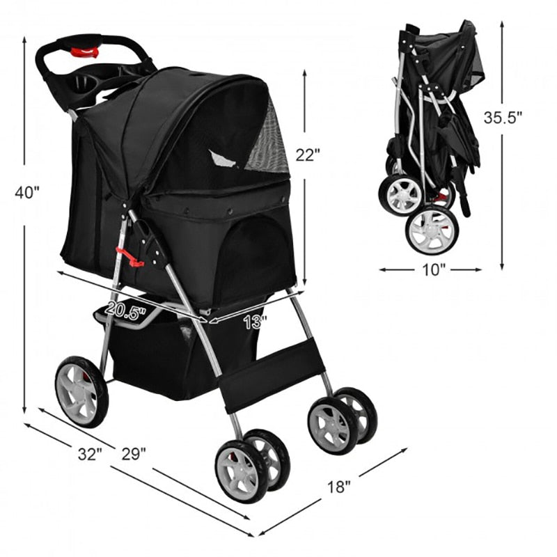 Foldable 4-Wheel Pet Stroller with Storage Basket Carriage