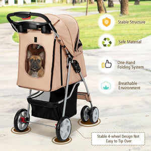 Foldable 4-Wheel Pet Stroller with Storage Basket Carriage