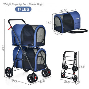 4-in-1 Double Pet Stroller with Detachable Carriage