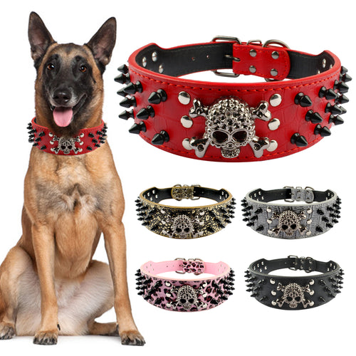 PETSQUARES Wide Spiked Studded Leather Dog Collar