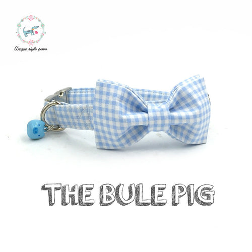 Blue Plaid Dog Collar with Blue Pig Bell and Matching Leash - PetSquares