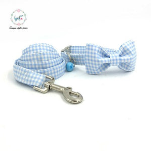 Blue Plaid Dog Collar with Blue Pig Bell and Matching Leash - PetSquares