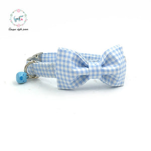 Blue Plaid Dog Collar with Blue Pig Bell and Matching Leash - PetSquares