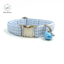 Load image into Gallery viewer, Blue Plaid Dog Collar with Blue Pig Bell and Matching Leash - PetSquares